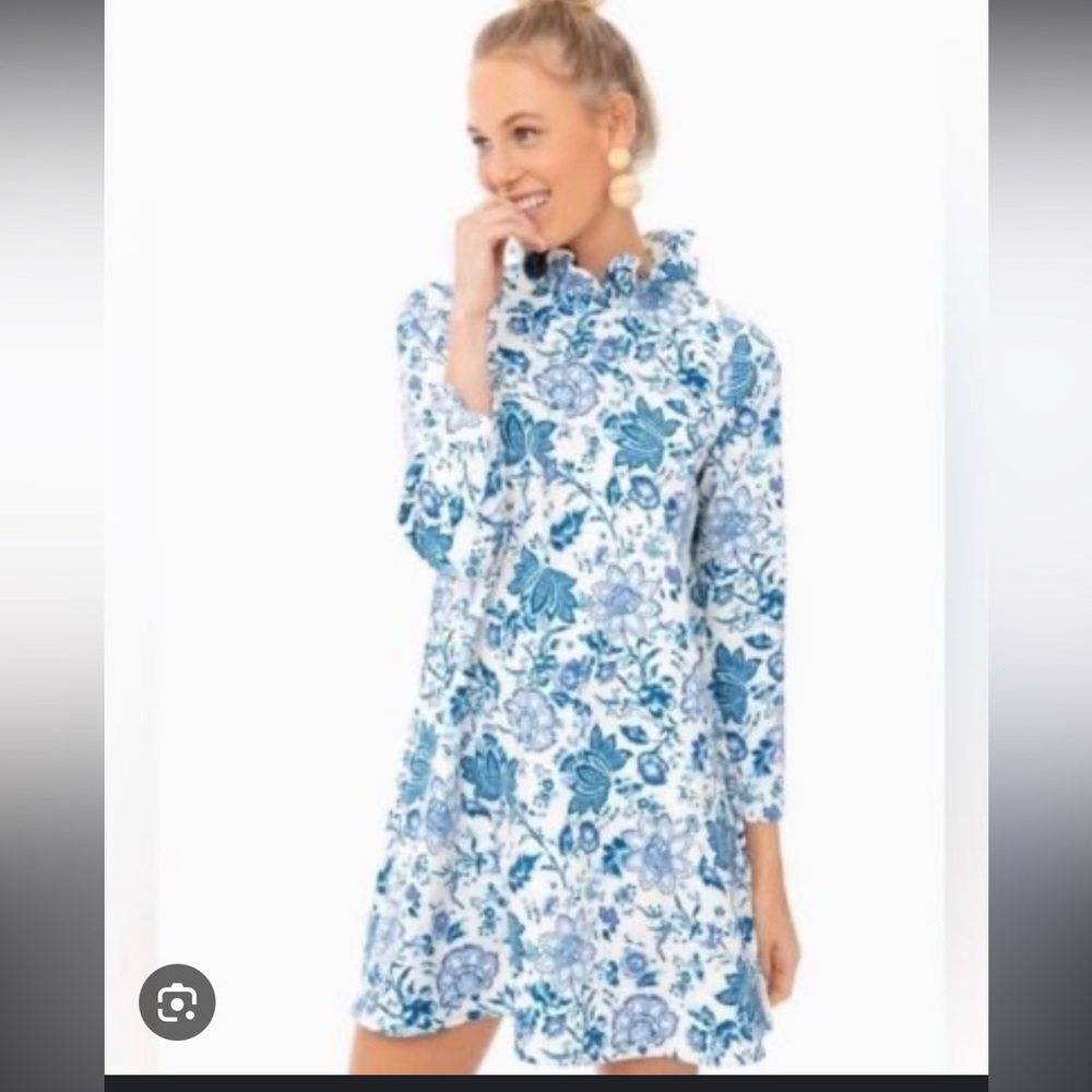 Tuckernuck White Mini Dress with Blue Floral Print and Ruffle Neck